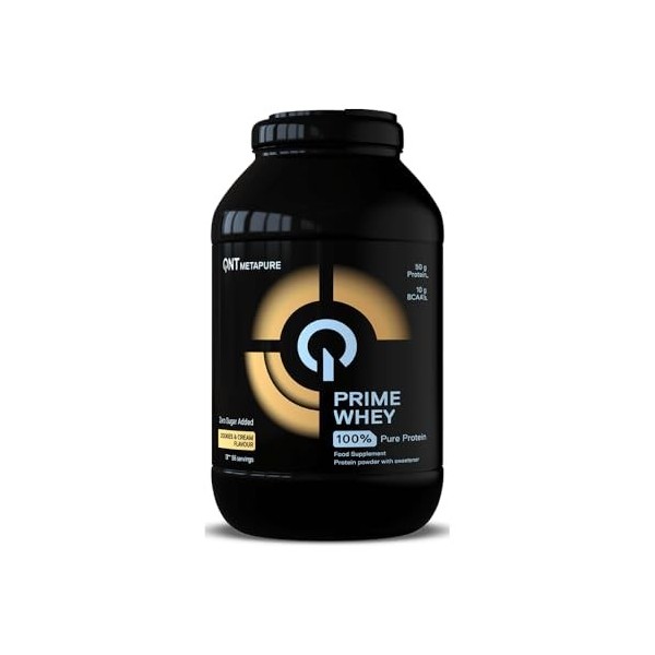 QNT Prime Whey cookie cream, 84% de Whey Protéine, contient de l’isolat de whey, aide à augmenter le volume et la force des m