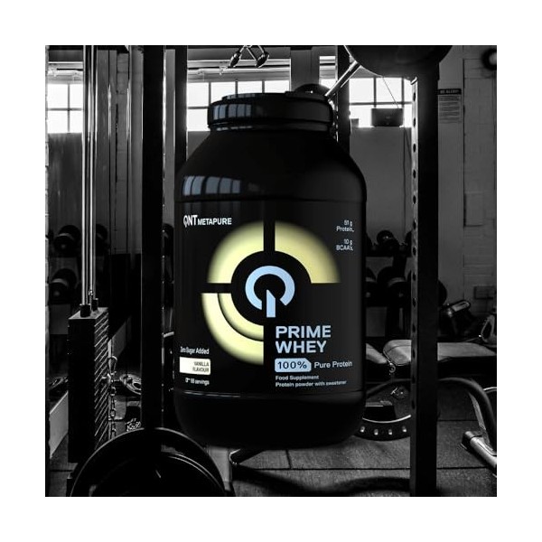 QNT Prime Whey vanille, 85% de Whey Protéine, contient de l’isolat de whey, aide à augmenter le volume et la force des muscle