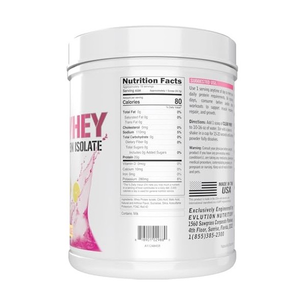 Evlution Nutrition Clear Whey Isolat 100 % protéine de lactosérum pour la croissance musculaire, la force et la récupération 