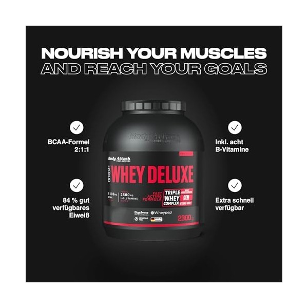 Body Attack Extreme Whey Deluxe Complément pour Sportif Noisette/Nougat 2,3 kg Protéines whey