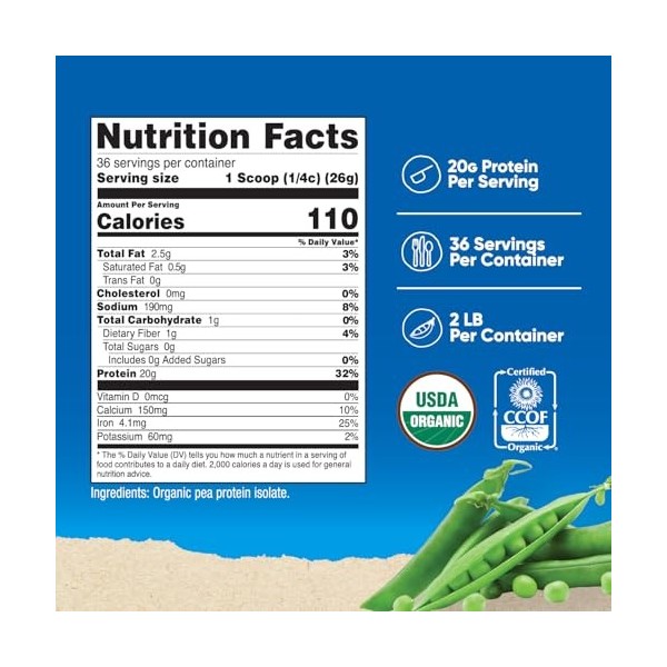 Nutricost Isolat de protéine de pois bio en poudre 0,9 kg – Non aromatisé, certifié biologique par lUSDA, protéines de pla