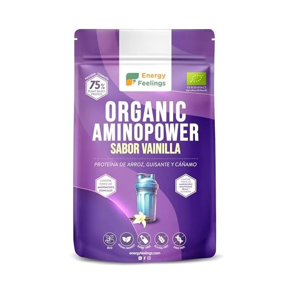Energy Feelings Protéine Végétale de Pois, Chanvre et Riz 75% 500g, Vegan Protein Powder, Protéine Vanille Bio en Poudre Sans