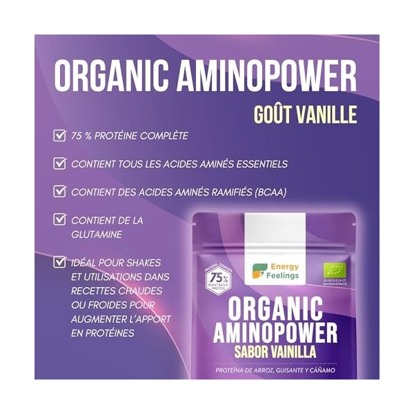 Energy Feelings Protéine Végétale de Pois, Chanvre et Riz 75% 500g, Vegan Protein Powder, Protéine Vanille Bio en Poudre Sans