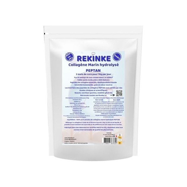 Pure poudre de collagène marin hydrolysé Type 1 PEPTAN 300g REKINKE. Riche en glycine et en proline.