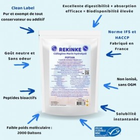 Pure poudre de collagène marin hydrolysé Type 1 PEPTAN 300g REKINKE. Riche en glycine et en proline.