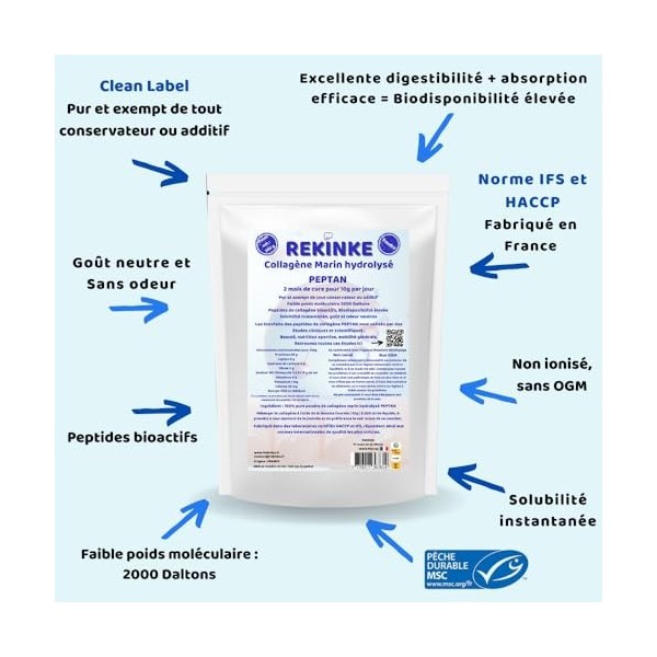 Pure poudre de collagène marin hydrolysé Type 1 PEPTAN 300g REKINKE. Riche en glycine et en proline.