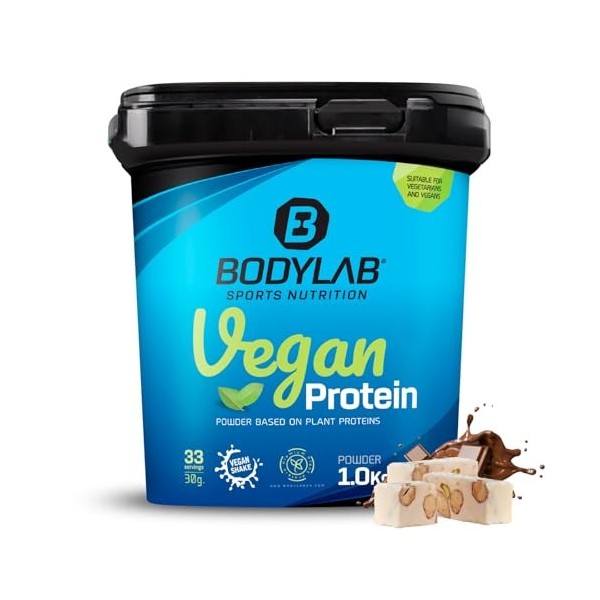 Bodylab24 Vegan Protein Chocolat-Nougat 1000g, poudre de protéines 100% végétalienne à base de féveroles, de pois et de grain
