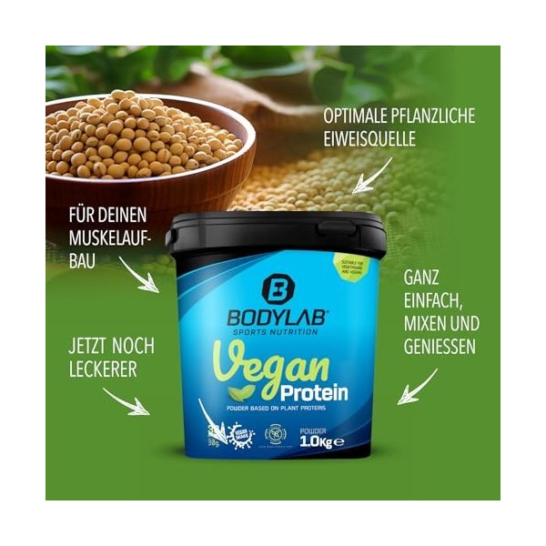 Bodylab24 Vegan Protein Chocolat-Nougat 1000g, poudre de protéines 100% végétalienne à base de féveroles, de pois et de grain