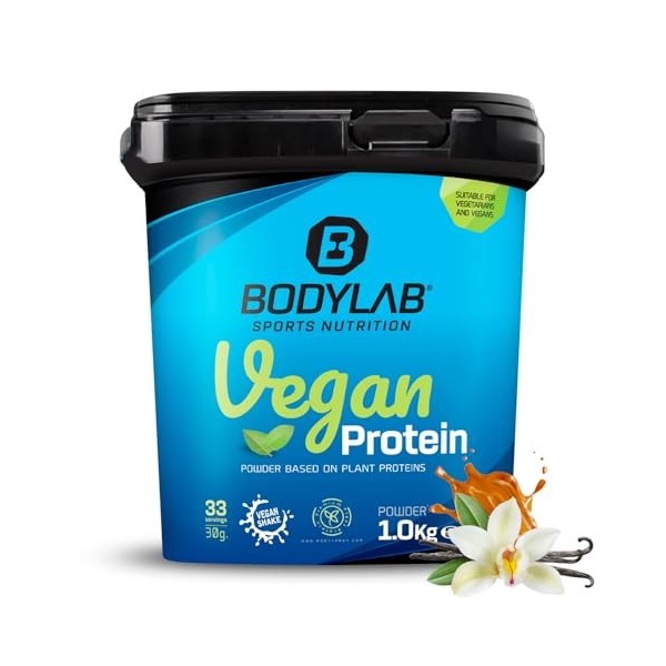 Bodylab24 Vegan Protein Chocolat-Nougat 1000g, poudre de protéines 100% végétalienne à base de féveroles, de pois et de grain