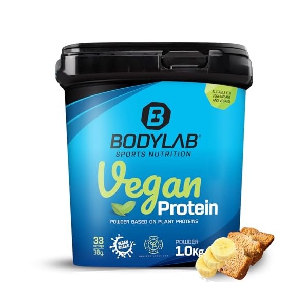 Bodylab24 Vegan Protein Chocolat-Nougat 1000g, poudre de protéines 100% végétalienne à base de féveroles, de pois et de grain