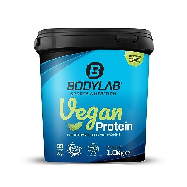 Bodylab24 Vegan Protein Chocolat-Nougat 1000g, poudre de protéines 100% végétalienne à base de féveroles, de pois et de grain