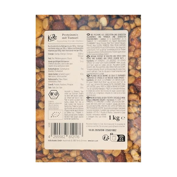 KoRo - Mélange de noix protéiné bio au tamari 1 kg - Avec graines de soja, amandes et noix de cajou - Goût épicé et noisette 