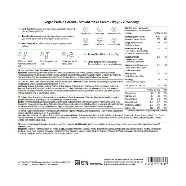 Protein Works - Protéine végétalienne extrême | 29 g de protéines végétales | Mélange de vitamines ajoutées | 28 portions | F