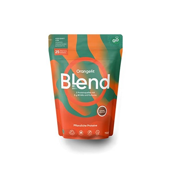 Orangefit Blend Mélange Poudre Proteine Vegan - Chocolat - 750g 25 shakes - 3 Proteines Vegetales - Non Sucre - Avec BCAA e