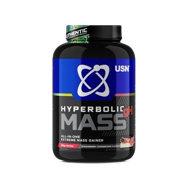 USN Hyperbolic Mass - Boisson Protéinée en Poudre, Prise de Masse Rapide, Musculation, Saveur Fraise, 2 kg, NMUS042