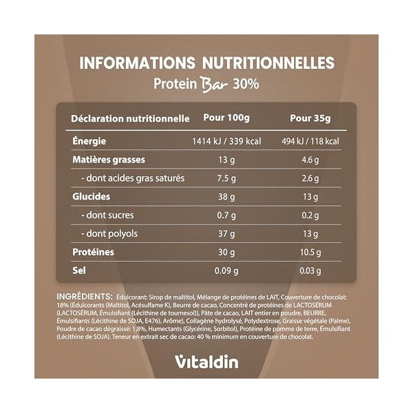 VITALDIN Barre Protéinée Chocolat – 30% Protéines avec Collagène Hydrolysé – Faible en Glucides & Calories – Sans Sucres Ajou...