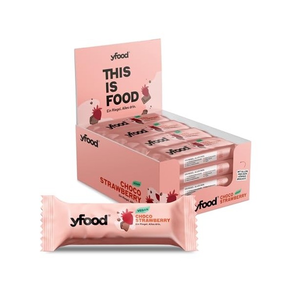 yfood Barre Choco Strawberry, barre protéinée à emporter, THIS IS FOOD, 13 g de protéines, 25 vitamines et minéraux, 12 x 60 