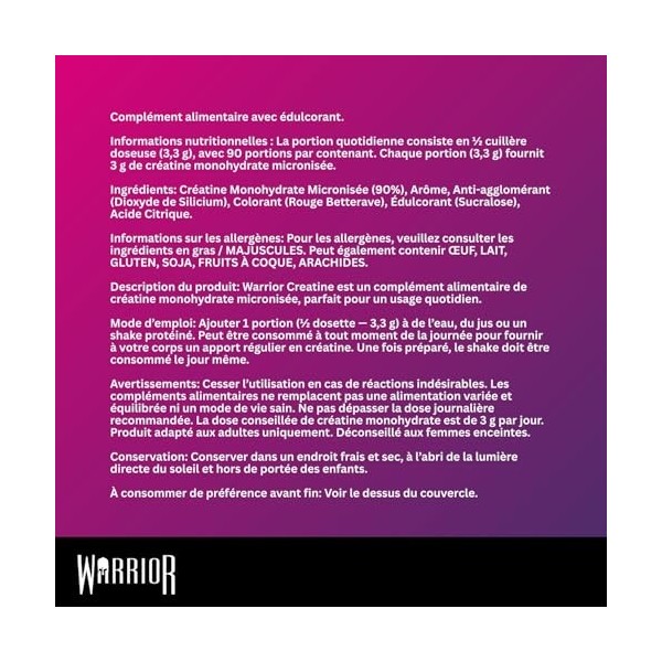 Créatine en poudre monohydrate Warrior 300 g - Nutrition micronisée - Améliore les performances physiques et la récupération 