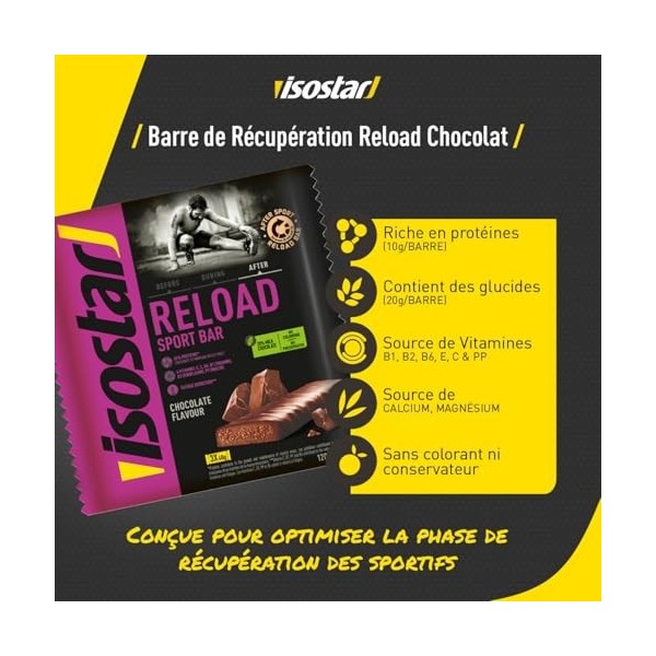 Isostar Reload Sport Bar Chocolat - Barres de Récupération Protéinées - Après lEffort - Encas Sain Sportif - Sans Colorant - ...
