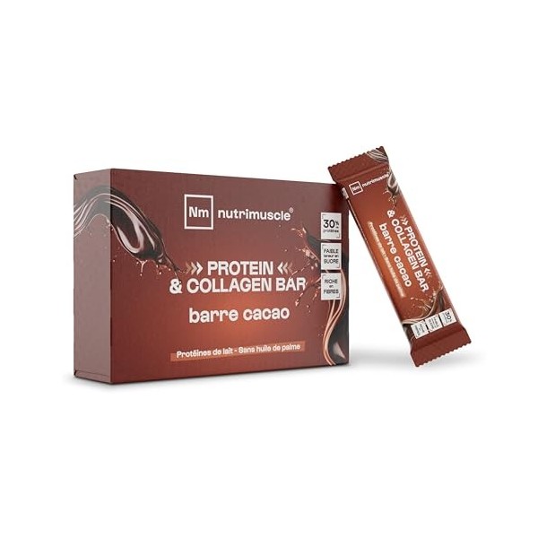 Barres Protéine & Collagène - Lot de 4 - Cacao - 33% de protéine par barre - Sans sucre - Whey Native + Collagène Hydrolysé -