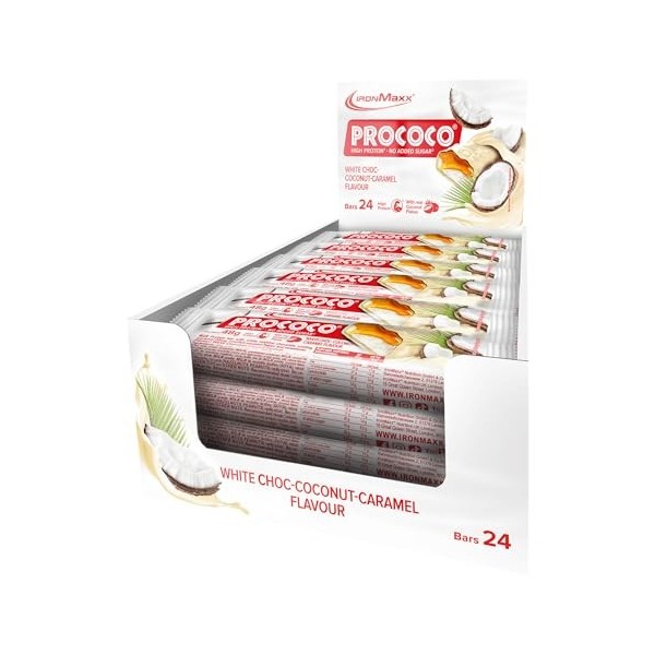 IronMaxx Prococo - White Choc Coconut Caramel 24 x 48 g | Riegel riche en protéines avec pommes de terre | Ohne Zuckerzusatz 