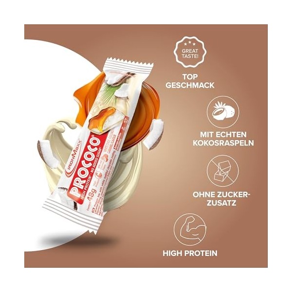 IronMaxx Prococo - White Choc Coconut Caramel 24 x 48 g | Riegel riche en protéines avec pommes de terre | Ohne Zuckerzusatz 