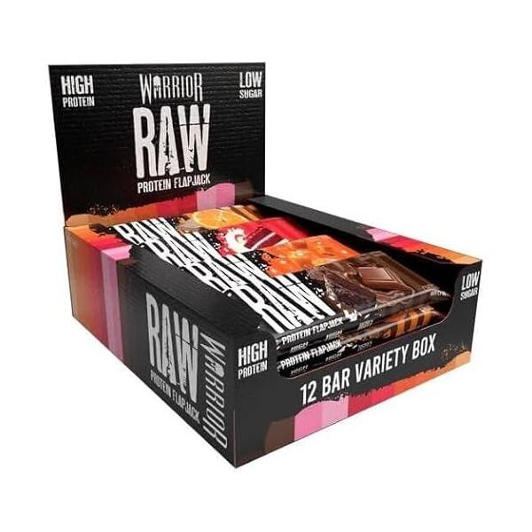 Warrior Raw Protein Flapjacks – 12 barres x 75 g chacune – Contient 20 g de protéines – Faible teneur en sucre, riche en fibr