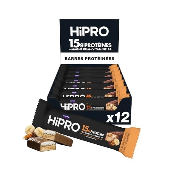 HiPRO Barre Protéinée – Banane & Beurre de Cacahuète – 45g – Riche en Protéines, Magnésium & Vitamine B9 - Pack de 12