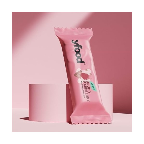 yfood Barre Fruity Raspberry, barre protéinée à emporter, THIS IS FOOD, 13 g de protéines, 25 vitamines et minéraux, 12 x 60 