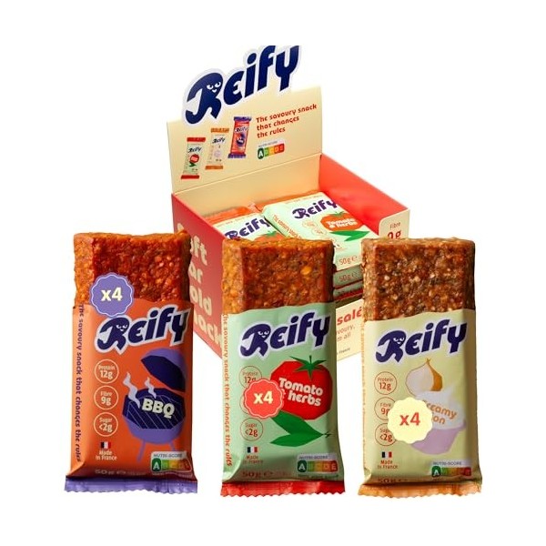 Reify Barre Protéinée Salée 3 Saveurs Découverte – Riche en Fibres 9g, 12g Protéines Végétales, 175kcal Par Barre – Vegan, 