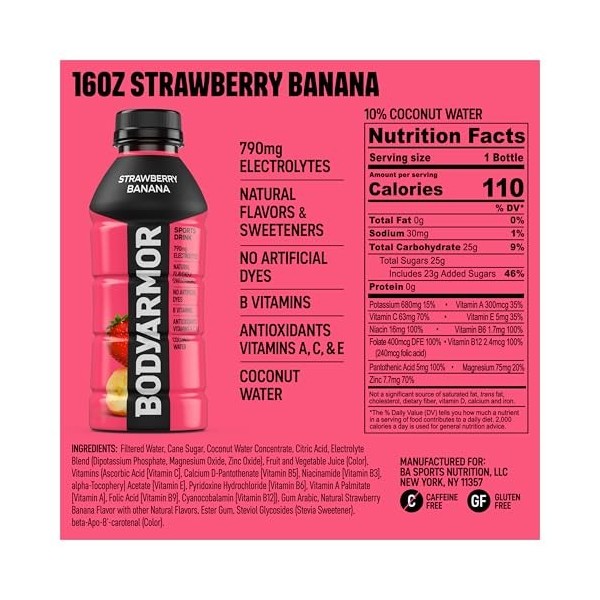 Bodyarmor Lyte Low-Calorie Sports Drink Strawberry Banana 16FO Barres nutritives