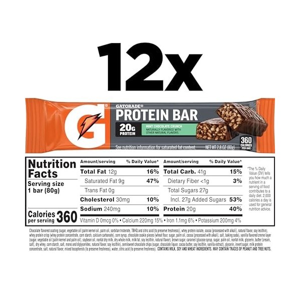 Gatorade Whey Protein Recover Bars, Chocolate Chip, 2.8 ounce bars 12 Count 