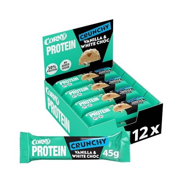 Barres protéinées, Corny Protein,Chocolat Blanc Goût Vanille,13,5 gr de protéines, 0% de sucres ajoutés, Pack de 12x45g, Tast
