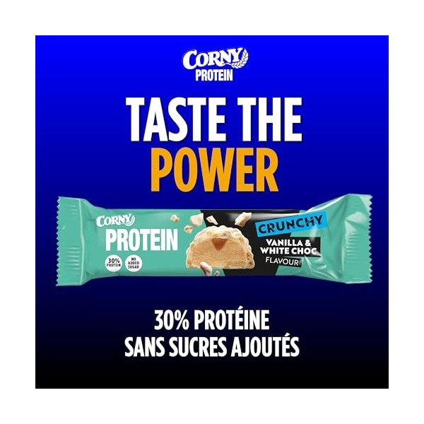 Barres protéinées, Corny Protein,Chocolat Blanc Goût Vanille,13,5 gr de protéines, 0% de sucres ajoutés, Pack de 12x45g, Tast