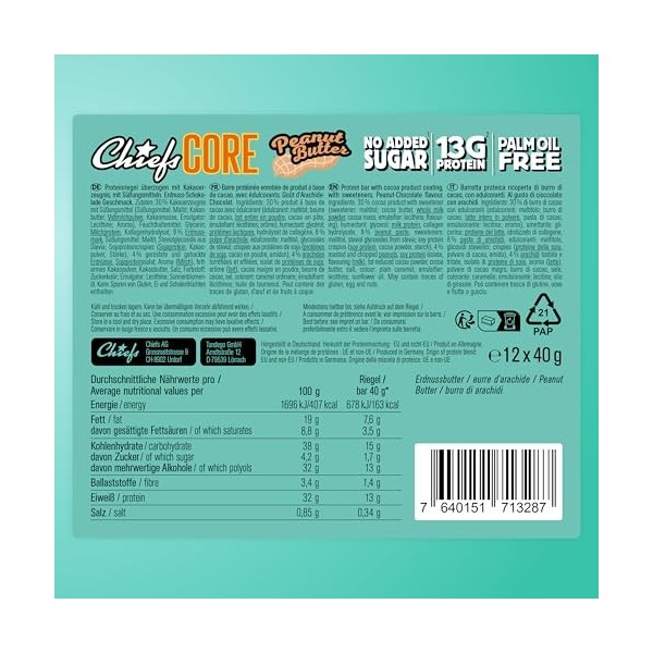 Chiefs Protein Core Bar Peantu Butter • Barre protéinée premium avec 13g de protéines & 163 kcal par barre • Sans sucre ajo