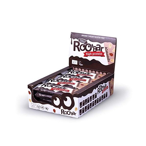 Roobar Chocolate Covered High Protein Almond Bar – 100% Organic Vegan Bar. Dairy & Gluten Free, No Added Refined Sugar, 16 x 