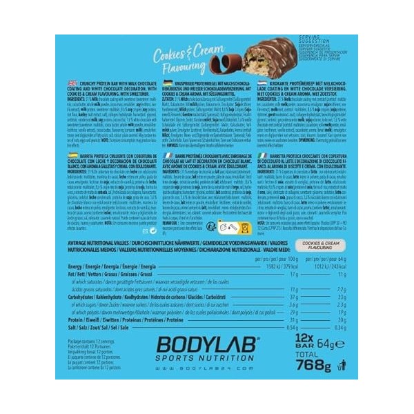 Bodylab24 Crunchy Protein Bar Cookies & Crème 12 x 64g, barre protéinée croustillante enrobée de chocolat, avec 20g de protéi