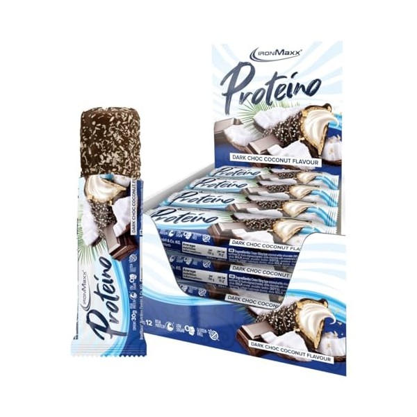 IronMaxx Proteino Barre Protéinée - Dark Choc Coconut, 12 x 30g | Barre high-protein à base de gaufre, faible en sucre, sans ...