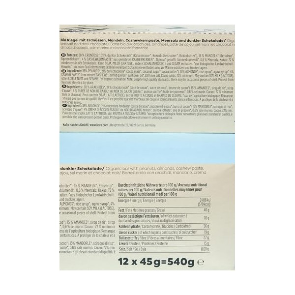 KoRo - Barre amande chocolat et pincée de sel bio 12 x 45 g - Combinaison de sucré et salé - Barre de noix affinée au chocola