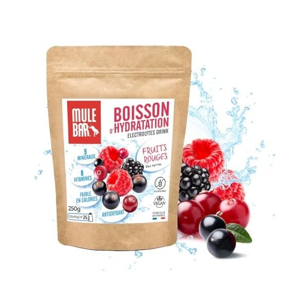 Mulebar Boisson DHydratation En Poudre - Fruits Rouges - Antioxydant - 8 Vitamines - 5 Minéraux - Electrolytes - Goût Très P ...