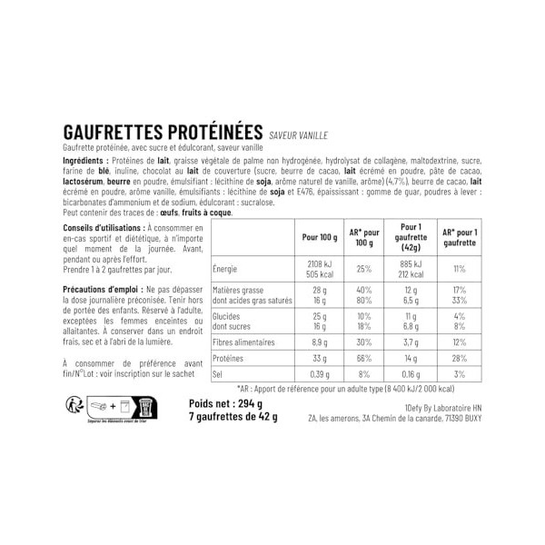 Gaufrette protéinée - Barre protéinée - 1Defy - Boite de 7 gaufrettes Boite de 7 gaufrettes, Vanille 