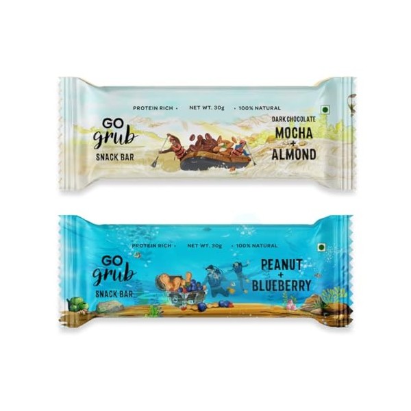 Go Grub Variety Box 5 Mocha Almond Bars + 5 Peanut Blueberry Bars Crunchy Protein Bars with Peanuts, Real Almonds & Berries N...
