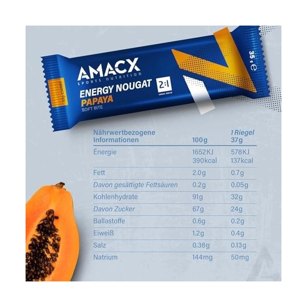 AMACX Barre Energetique Sport Nougat – Healthy Snacks pour Sportifs d’Endurance – Paquet de 12 – Avec Glucose & Fructose – 32