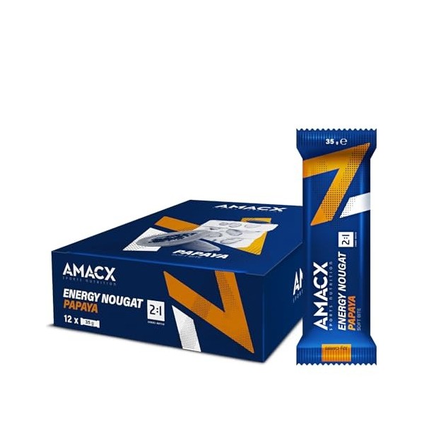 AMACX Barre Energetique Sport Nougat – Healthy Snacks pour Sportifs d’Endurance – Paquet de 12 – Avec Glucose & Fructose – 32