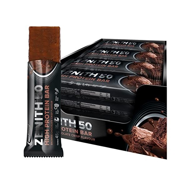 IronMaxx – Barre Protéinée Zenith 50 – Brownie Chocolat Crisp 16 x 45 g – Barre protéinée sans sucre, protein bar riche en pr...