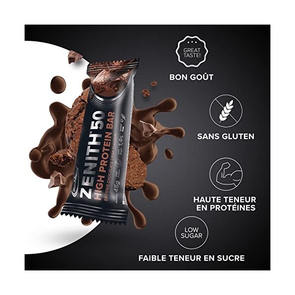 IronMaxx – Barre Protéinée Zenith 50 – Brownie Chocolat Crisp 16 x 45 g – Barre protéinée sans sucre, protein bar riche en pr...