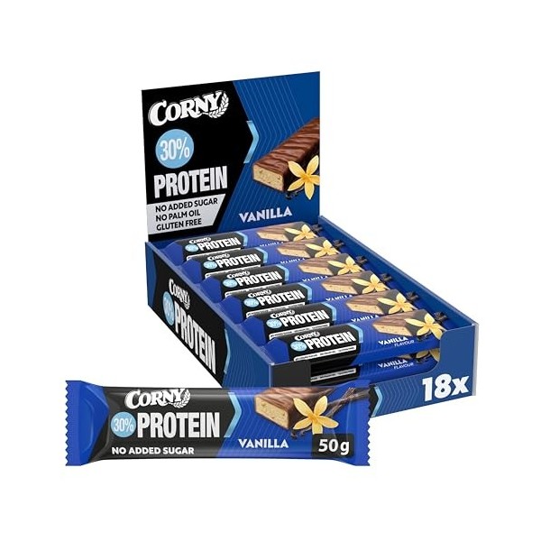 Barres protéinées, Corny Protein,Chocolat et Vanille,13,5 gr de protéines, 0% de sucres ajoutés, Pack de 18x50g, Taste the Po