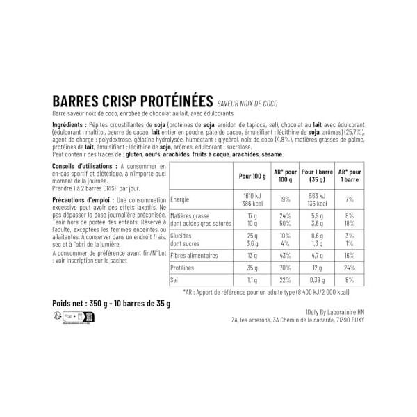 Barre Crisp protéinée - Barre protéiné - Croustillante - 1Defy - Boite de 10 barres Boite de 10 barres, Noix de coco 