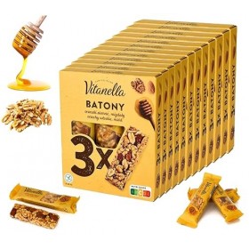 36 barres de noix Vitanella 36 x 35 g cacahuète, amande, noix, miel, chocolat noir, sans gluten.