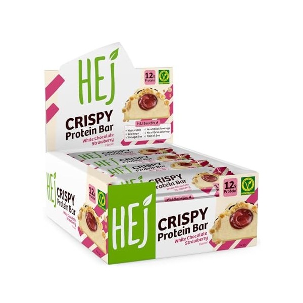 HEJ Crispy Protein Bar - Par barre 1,9g de sucre - Par barre 14g de protéines - Saveur: White Chocolate Strawberry - 12 x 45g